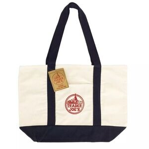 Brand New Trader Joe's Reusable Canvas Large Tote Bag Heavy Cotton Blue White